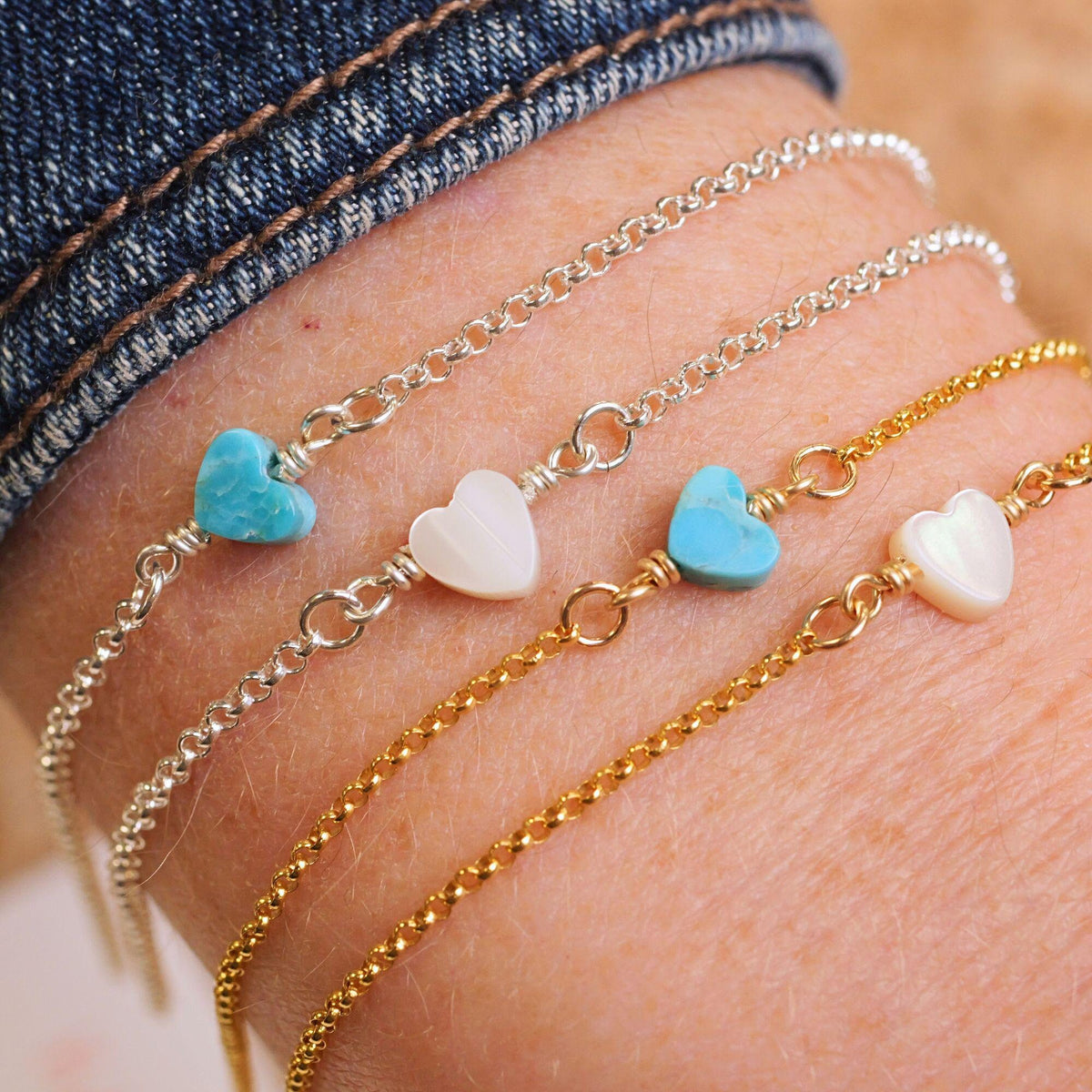 Turquoise or Mother of Pearl Heart Anklet for permanent jewelry - Permanent Wholesale Jewelry